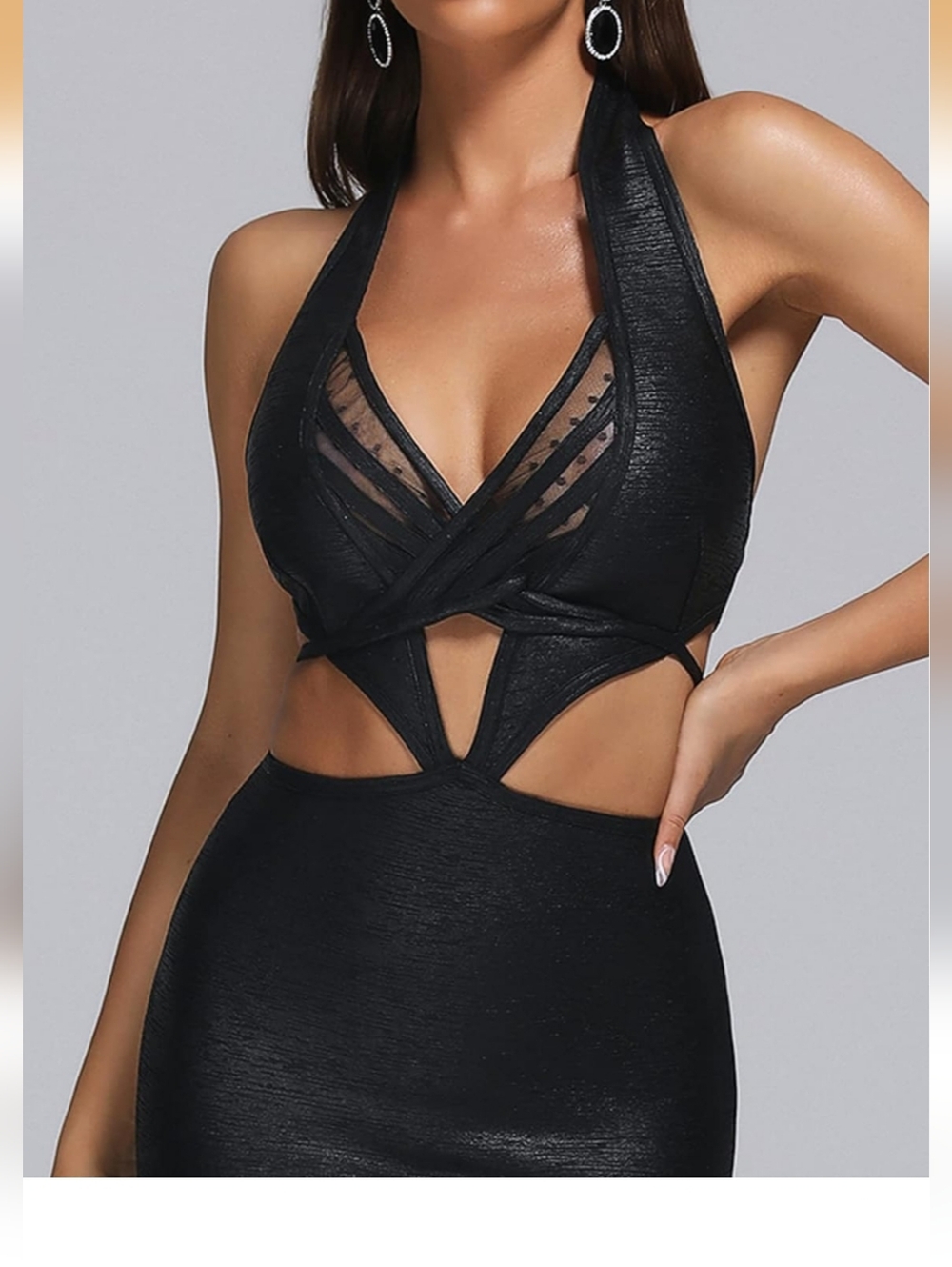 Sexy Metallic Black Cutout Halter Bodycon Dress - Picture 2 of 4
